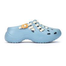 Light blue clog shoe with white straps and an orange buckle 