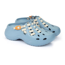 Pair of light blue sandals with white laces 