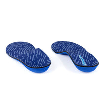 Pair of blue shoe insoles with a pattern on footbed
