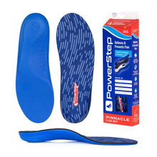 Blue shoe insole with Pinnacle Plus Met branding and a Powerstep branded box
