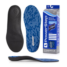 Blue and black shoe insoles with PowerStep packaging 