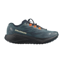 Black and teal Salomon trail sneaker with dark soles