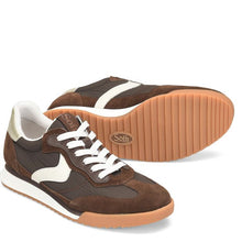 A pair of brown suede and leather sneakers with white side stripes, white laces, and gum soles. One shoe is shown from the side profile, and the other is positioned behind it to display the sole, which features the 'S:fit' brand logo.