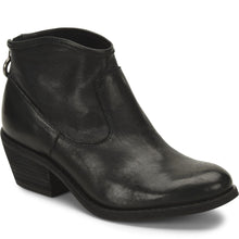 Women's black leather ankle boot with a low block heel
