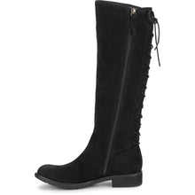 Tall black suede boot with a zipper along the side of the calf