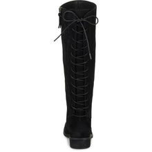 Back of women's tall boot, displaying back lace up