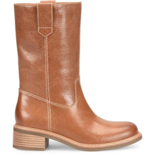 A mid-calf brown leather boot with a stacked block heel