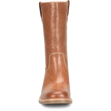 A mid-calf tan leather boot
