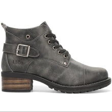 A dark gray distressed leather lace-up ankle boot with a stacked block heel, a buckle strap detail on the side, and a black sole