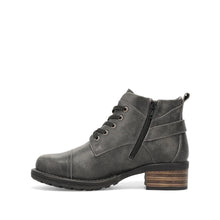 A dark gray distressed leather lace-up ankle boot with a stacked block heel, a buckle strap detail on the side, and a black sole