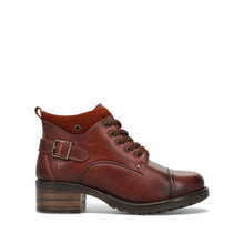 Women's brown leather boot with a buckle detail on heel, having a zipper and lace up closure.