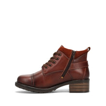 Women's brown leather boot with a buckle detail on heel, having a zipper and lace up closure.