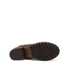 Women's brown leather boot with a buckle detail on heel, having a zipper and lace up closure.