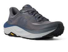 Gray and blue trail running shoe