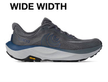 A gray and blue running shoe that has a gray upper, blue accents, a white midsole, and a black Vibram outsole.