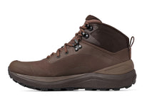 A brown mid-cut hiking boot with a thick brown and black sole