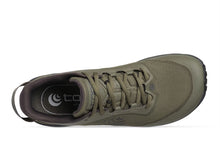 An olive green trail running shoe