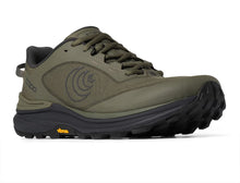 An olive green and black outdoor trail/hiking shoe with a black Vibram sole, 