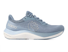 A women's light blue and white running shoe featuring a textured blue upper mesh, a white and light blue midsole