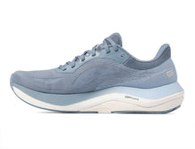 A women's light blue and white running shoe featuring a textured blue upper mesh, a white and light blue midsole