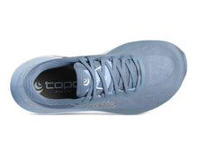 A women's light blue and white running shoe featuring a textured blue upper mesh, a white and light blue midsole